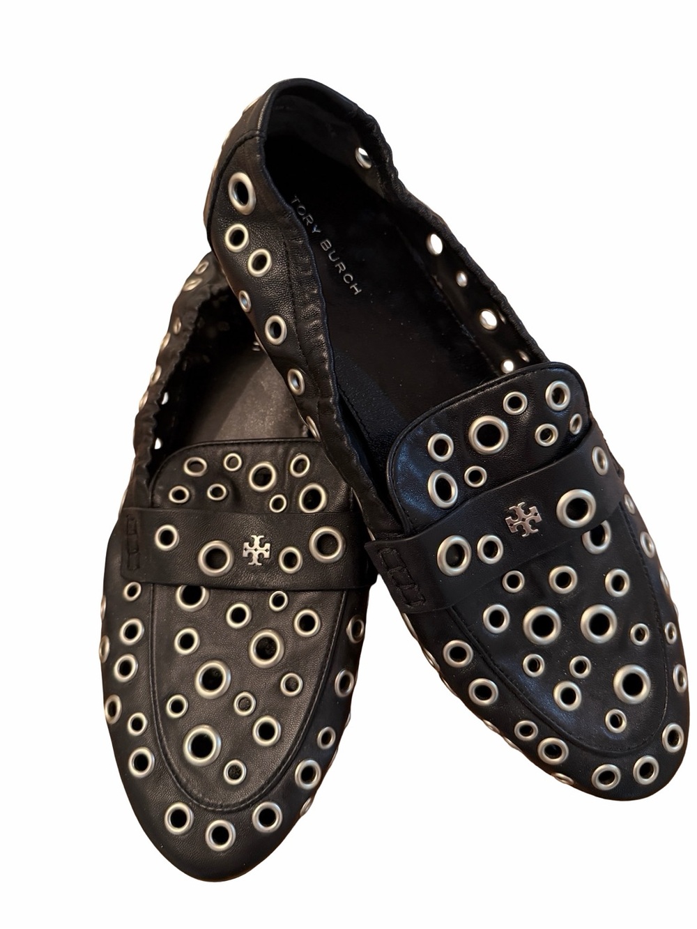 Tory Burch Black Leather Eyelet Slip-On Loafers